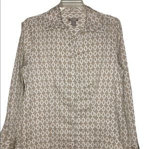 Chico’s Sz 1 Stretchy Button Up Summer Quatrefoil Print Long Sleeves